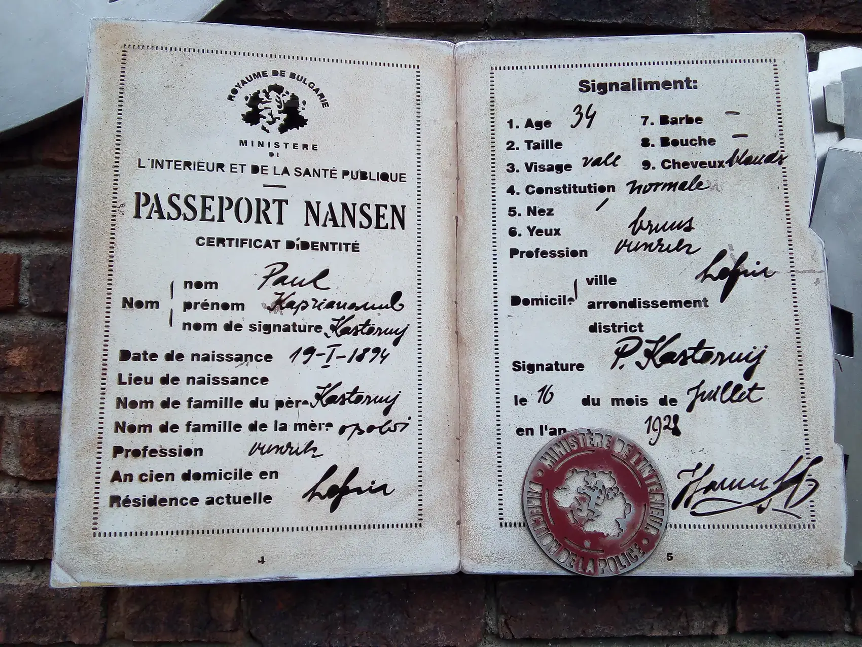 A Nansen passport, the travel document issued to stateless refugees after the First World War