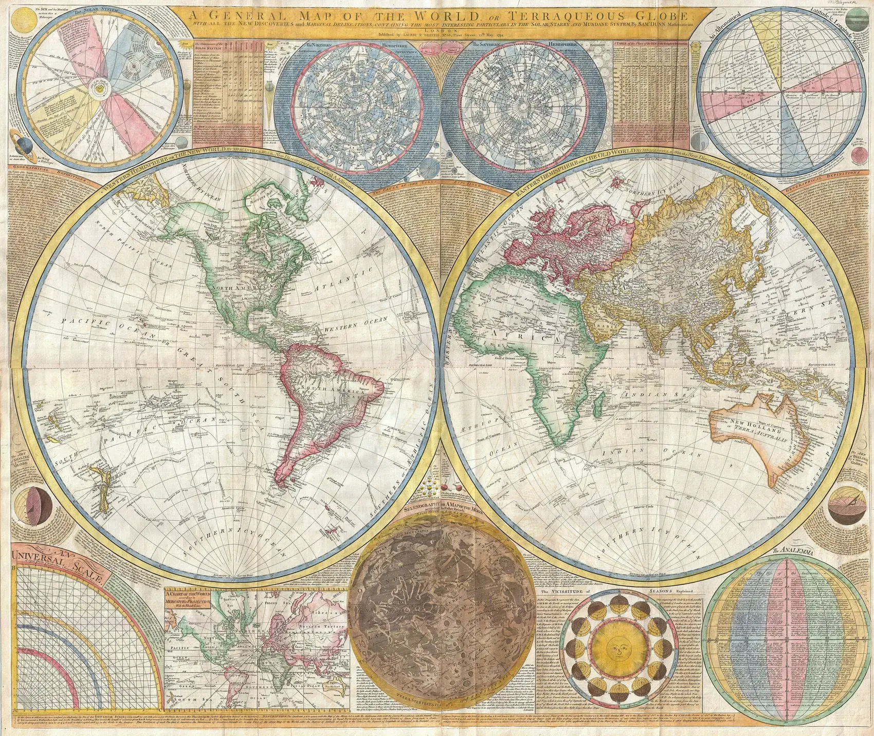 A 1794 wall map of the world in two hemispheres